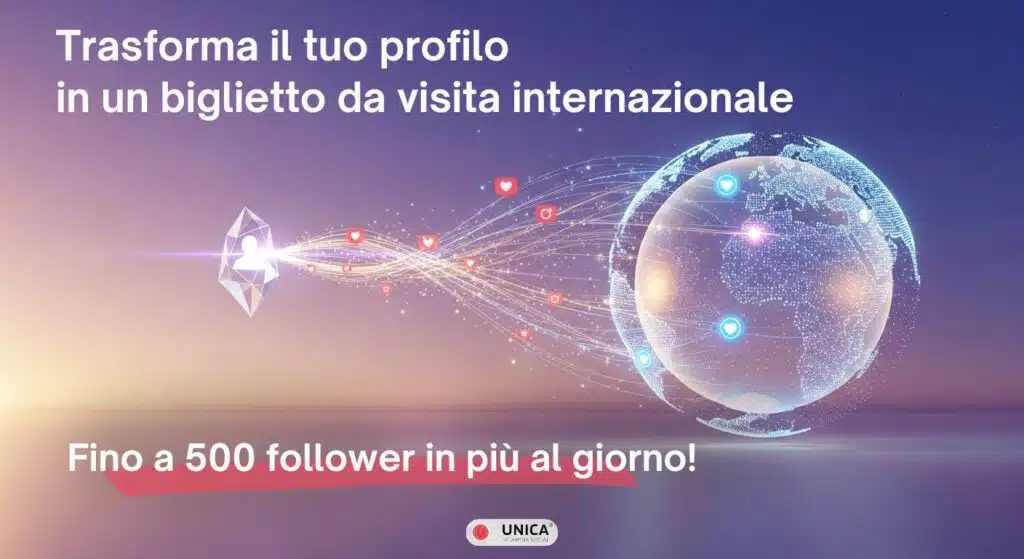 Profilo Instagram connesso globalmente con follower internazionali fi no a 500 al giorno attraverso rete digitale mondiale