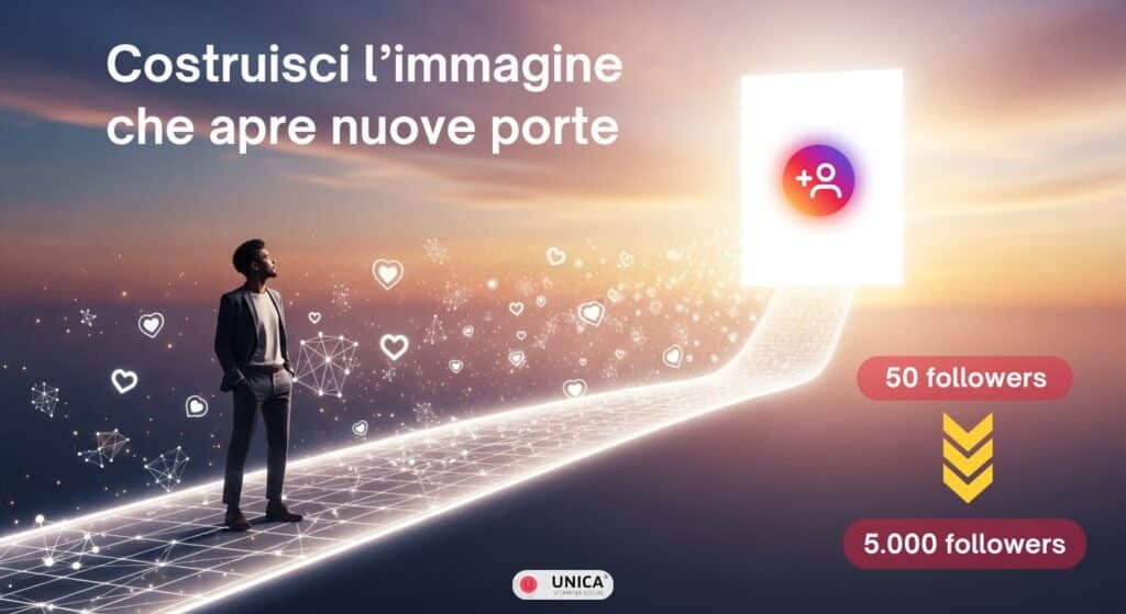 Una persona observa el crecimiento de seguidores en Instagram con un gráfico que aumenta de 50 a 5000 seguidores e íconos de redes sociales.