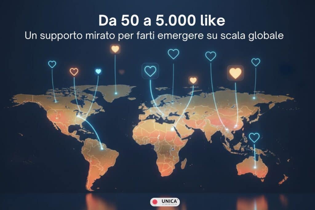 Mappa mondiale con like Instagram da 50 a 5000 che si connettono da diversi continenti attraverso collegamenti luminosi.