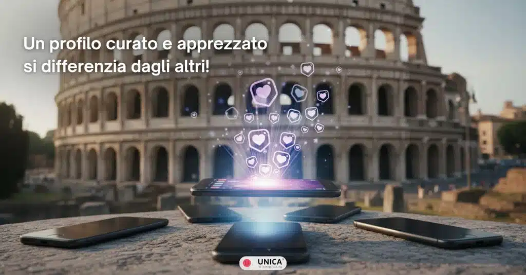 Smartphone con Instagram davanti al Colosseo romano che riceve like italiani con icone cuore che emergono dallo schermo.
