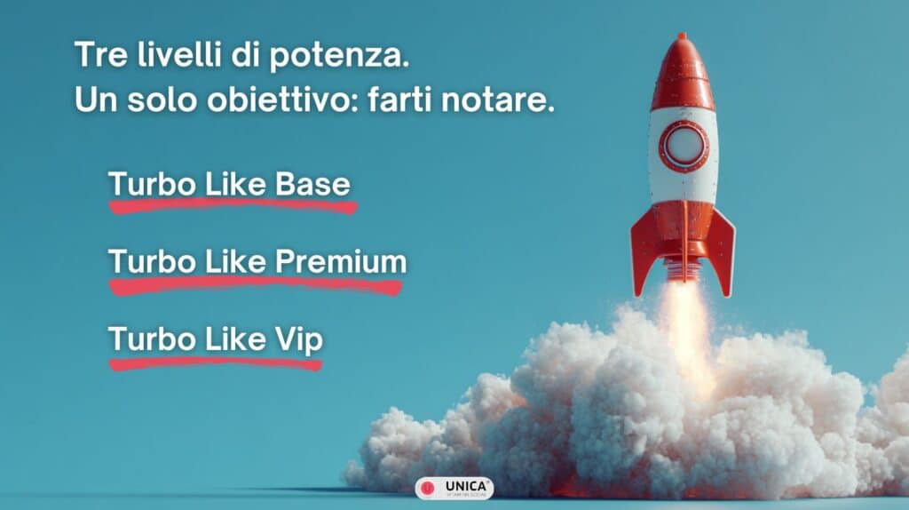 Razzo in decollo con tre livelli Turbo Like Instagram Base Premium VIP da 250 a 1200 like per post su sfondo cielo.