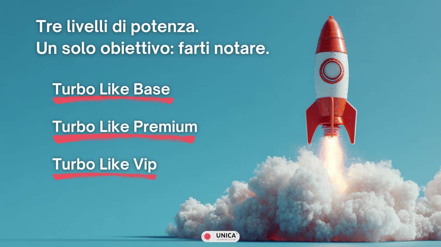 Razzo in decollo con tre livelli Turbo Like Instagram Base Premium VIP da 250 a 1200 like per post su sfondo cielo.
