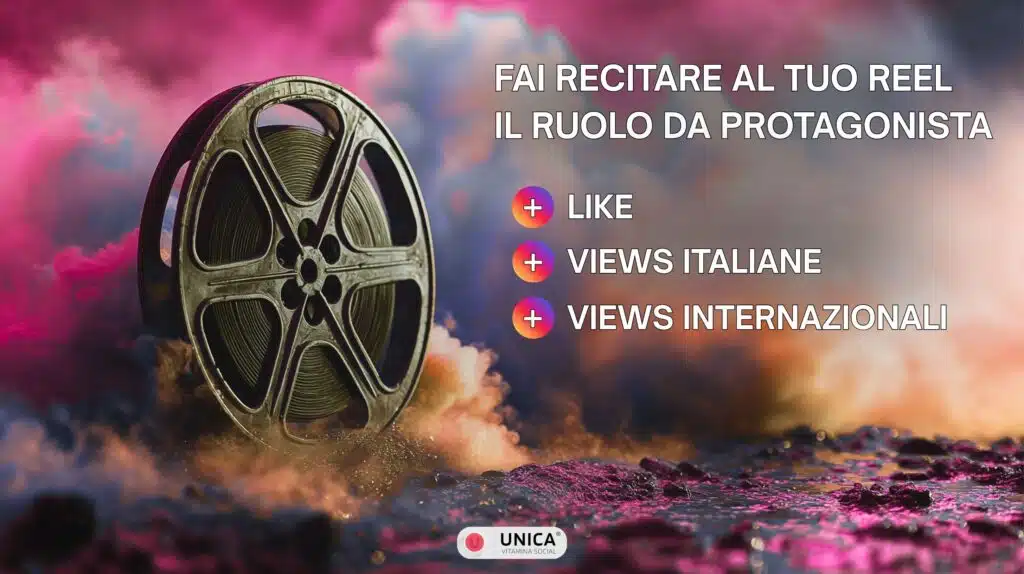 Bobina cinematografi ca con icone like views italiane e internazionali per Reels Instagram su sfondo colorato