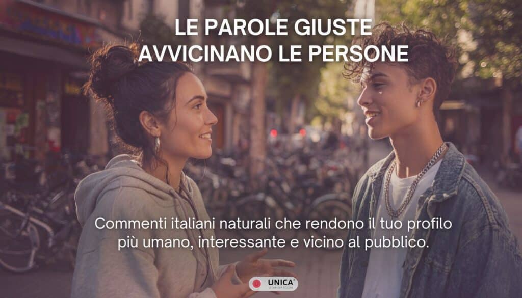 Due persone in conversazione sorridente con testo commenti italiani naturali che rendono profilo Instagram umano e coinvolgente