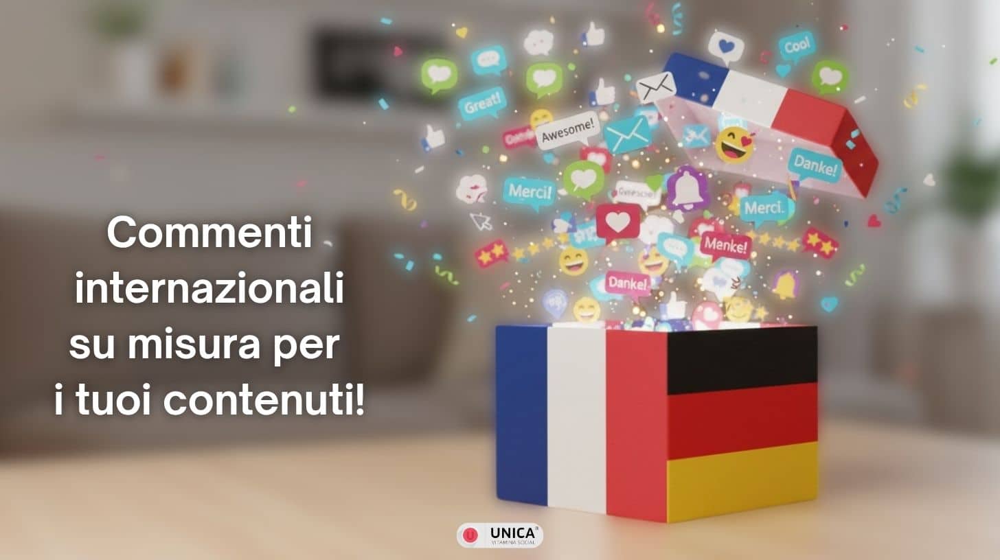 Bandiere internazionali come quelle di Francia e Germania con commenti social multilingue. Emoji che escono da contenitore rappresentando interazioni globali Instagram.