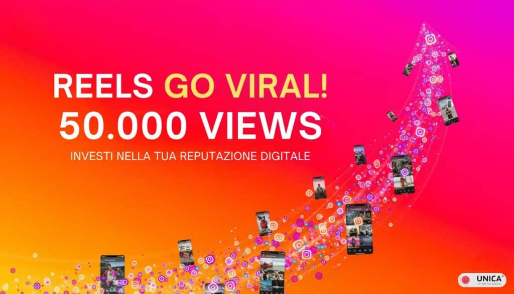 Reels Instagram che diventano virali grazie alle 50.000 visualizzazioni. Grafica vivace multicolore con smartphone e icone che volano verso l'alto.