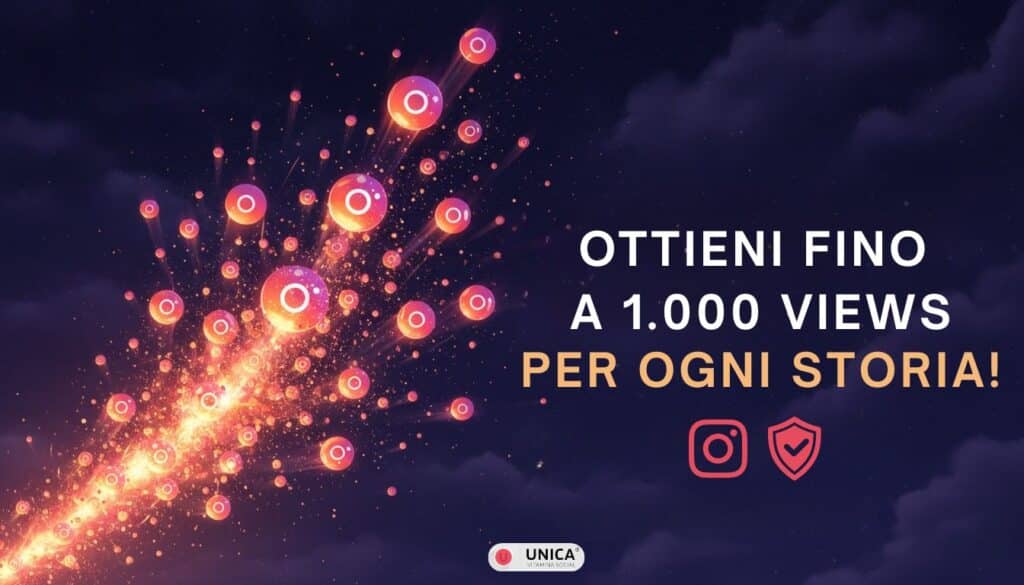 Esplosione luminosa di icone Instagram Stories. Specifica del valore: fino a 1000 visualizzazioni per ogni storia e icona scudo sicurezza.