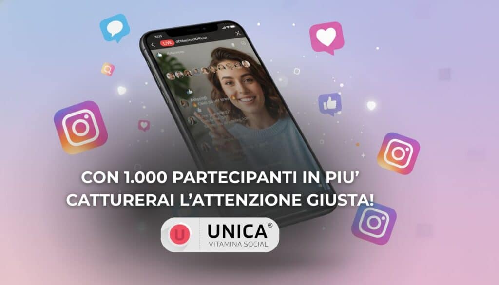 Smartphone con diretta Instagram live attiva circondata da icone social colorate e 1000 partecipanti, logo Unica Web Studio.