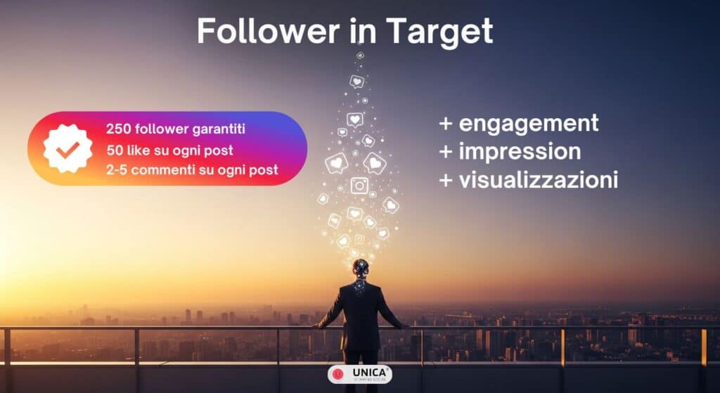Persona osserva engagement Instagram con 250 follower garantiti, 50 like e commenti per post, più visualizzazioni e impression