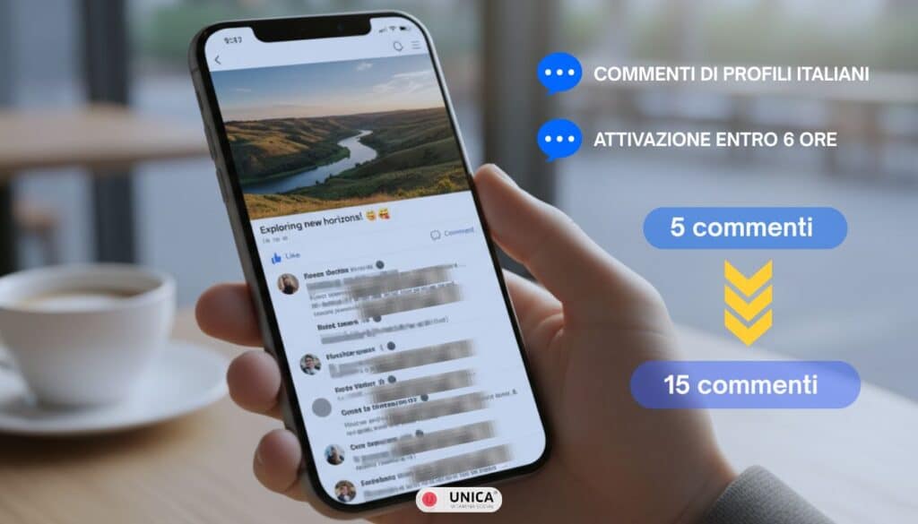 Un smartphone con una publicación de Facebook sobre un paisaje natural recibe de 5 a 15 comentarios italianos con activación en 6 horas.