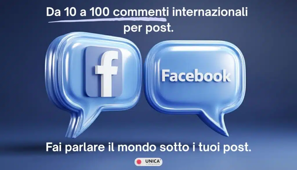 Icone chat Facebook tridimensionali illuminate su sfondo blu scuro simboleggiando commenti internazionali globali da 10 a 100