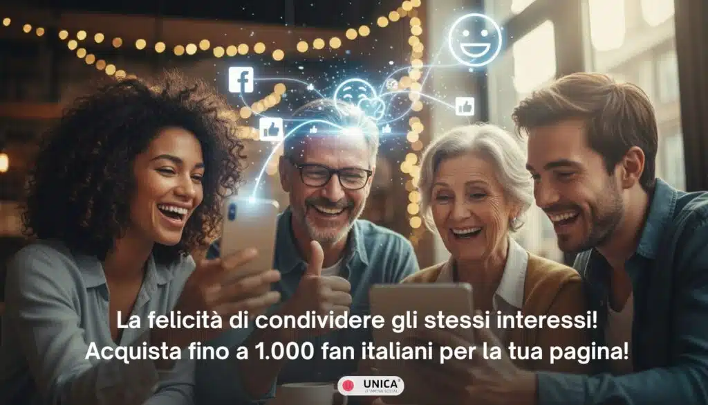Gruppo persone diverse sorridenti con smartphone e icone Facebook like emoji.