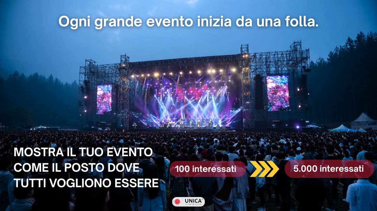 Grande concerto e folla con palco illuminato e indicatori 100 e 5.000 interessati evento Facebook crescita.