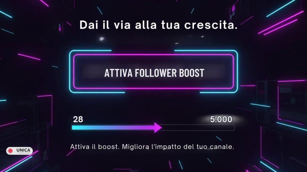 Grafica promozionale con scritta attiva follower boost e barra che mostra la crescita dei follower Twitch