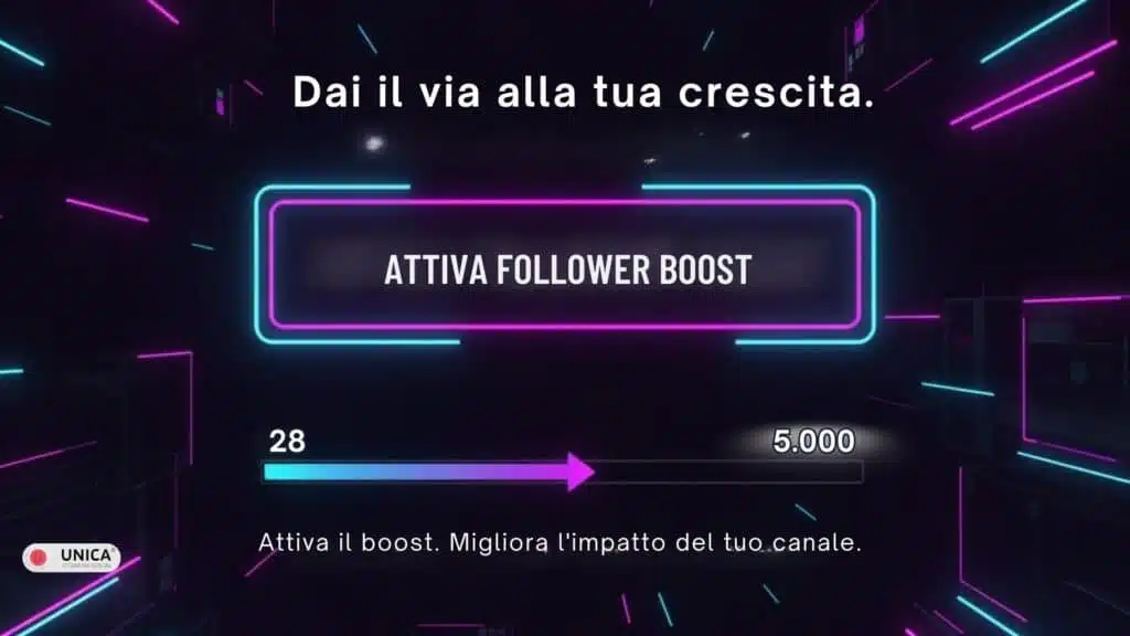 Grafica promozionale con scritta attiva follower boost e barra che mostra la crescita dei follower Twitch