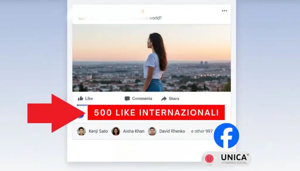 Post Facebook con 500 like internazionali mostrati da nomi Kenji Sato Aisha Khan David Rhenko e 997 altri utenti