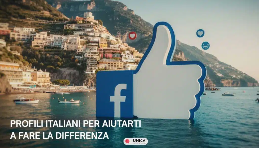 Pulgares arriba gigantes de Facebook en el paisaje italiano de Positano con emojis de corazón