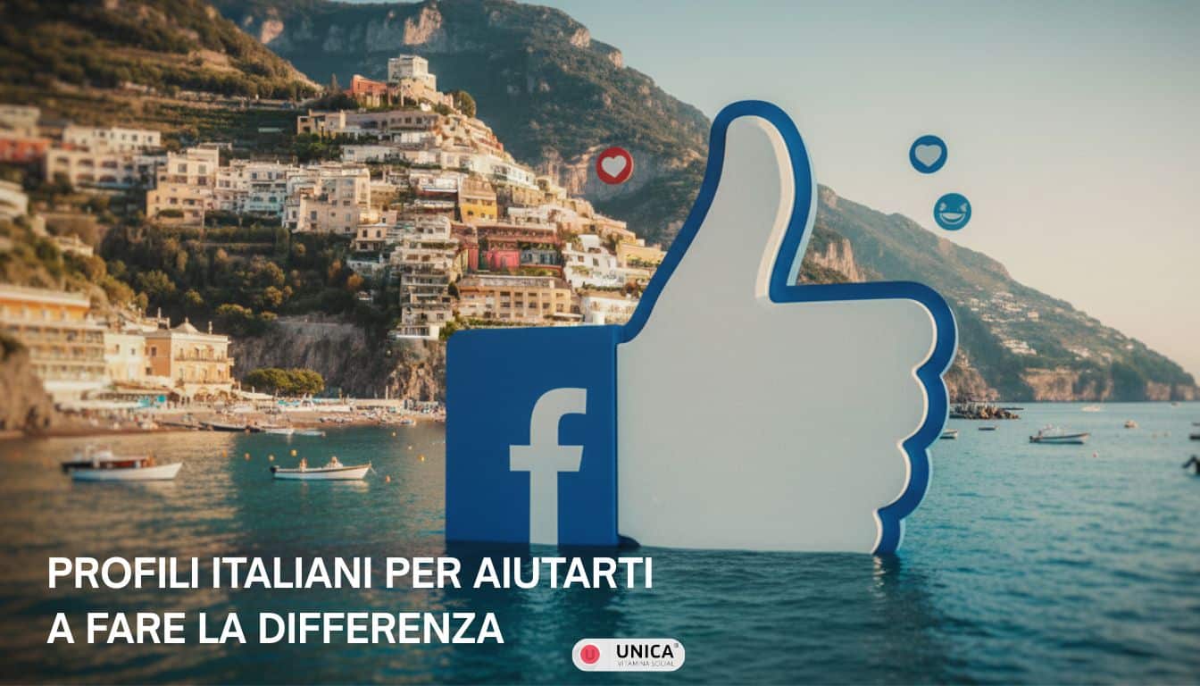 Pollice like Facebook gigante su paesaggio italiano Positano con icone cuori emoji